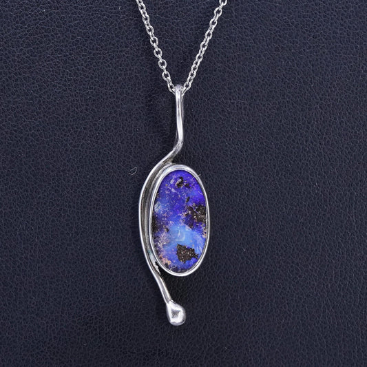 19", vintage Sterling 925 silver circle necklace with blue lapis lazuli pendant