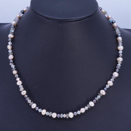 16" Vintage Sterling 925 silver handmade necklace With Pearl, Crystal Beads
