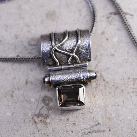 17", Sterling Silver Smoky Quartz Pendant Necklace Modernist Artisan 925 Silver