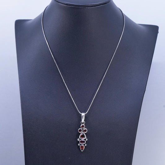 16", Vintage sterling 925 Silver snake chain necklace with garnet pendant