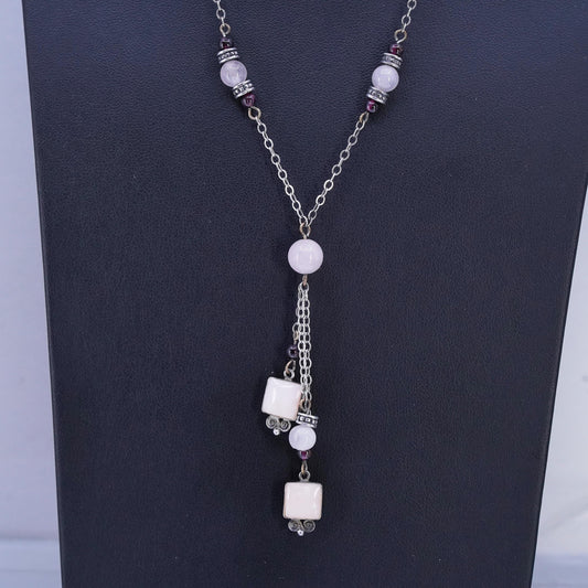 16+2", vintage Sterling 925 silver circle necklace pink quartz beads pendant