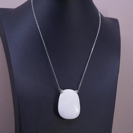 16", VTG Faceted Natural White Jadeite Jade Necklace Sterling Silver 925 Chain