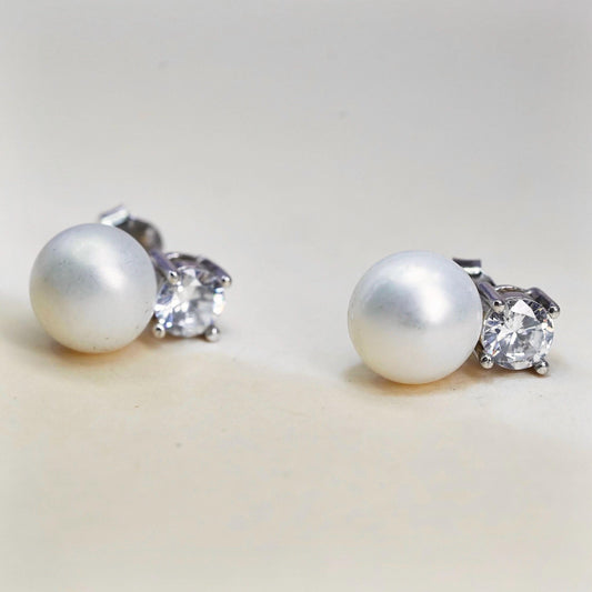 Vintage LUC sterling silver earrings, 925 studs with pearl and cz