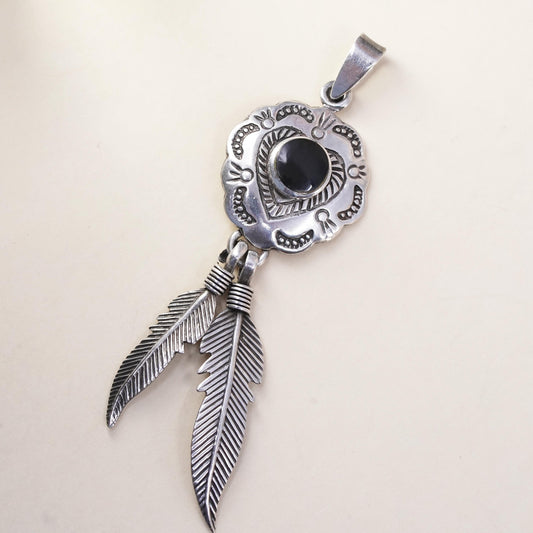Native American Navajo sterling silver 925 heart pendant onyx feather dangles