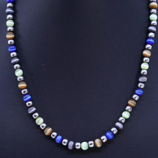 24", vintage Mexico Sterling 925 silver necklace w/ multi color tiger eye beads