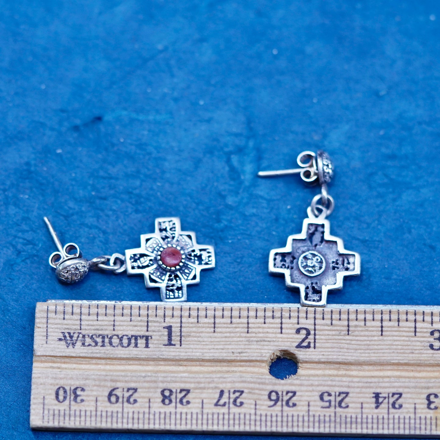 Sterling silver handmade earrings, 925 filigree bali cross dangles with coral