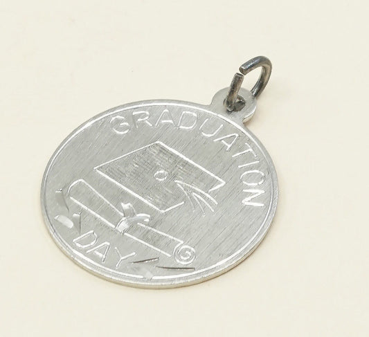 vtg sterling silver graduation pendant, 925 silver circle tag charm