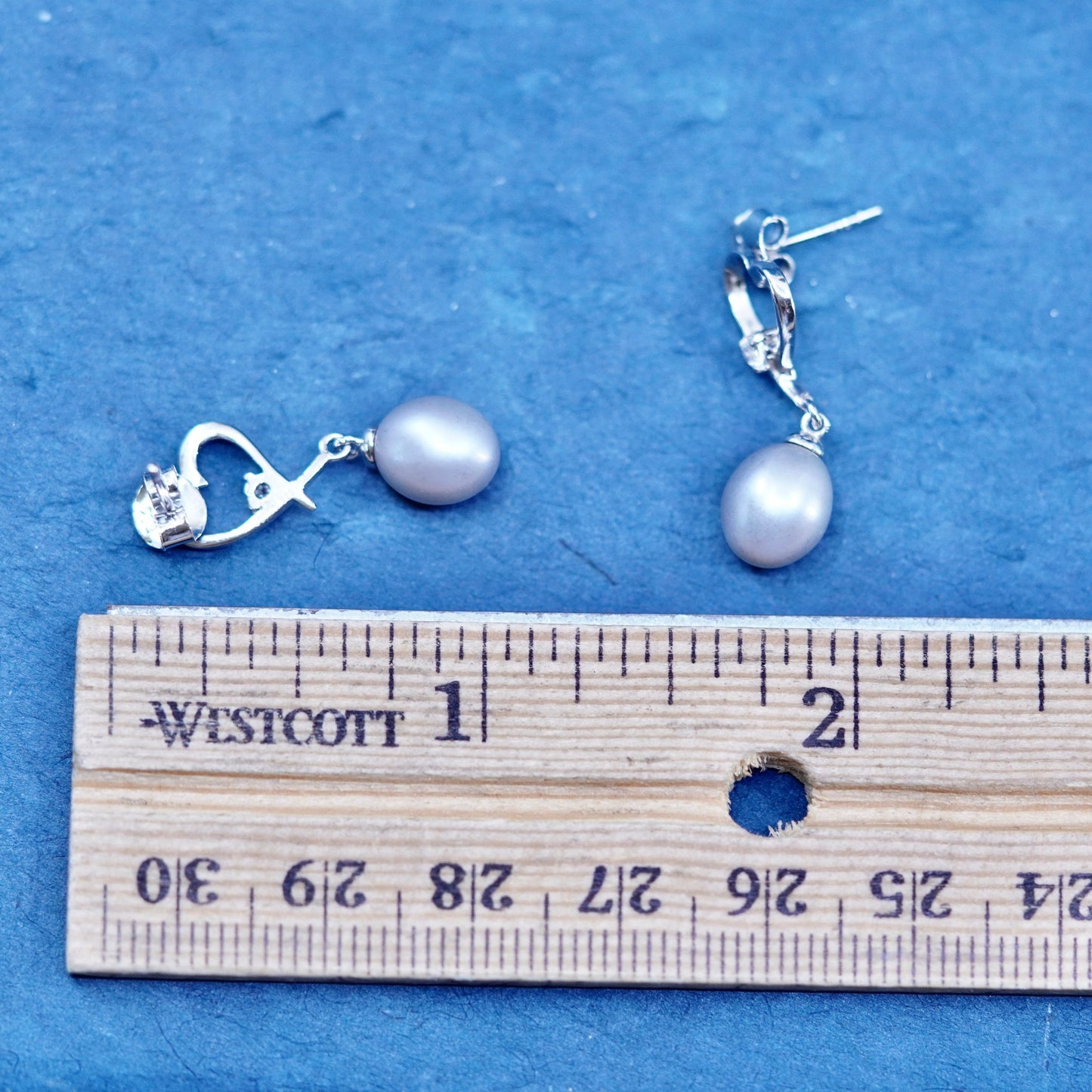 Vintage sterling silver handmade earrings, 925 heart studs with pearl