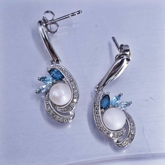 Vintage Sterling 925 silver handmade earrings with pearl topaz and diamonds