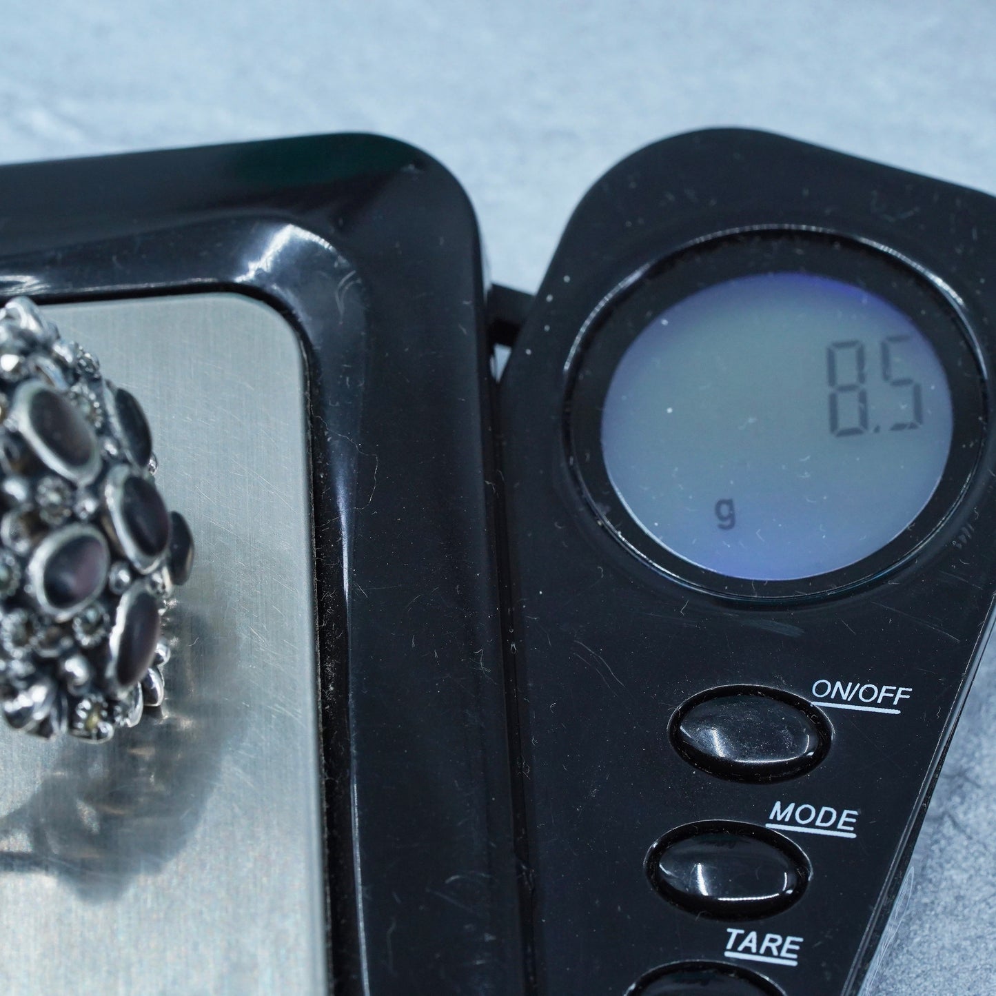 Size 8, southwestern 925 silver ring with abalone and marcasite floral details