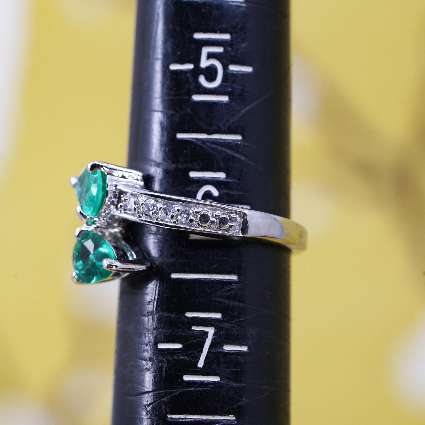 Size 6, VTG Emerald Diamond Bypass Toi et Moi Ring, Sterling Silver 925 Ring