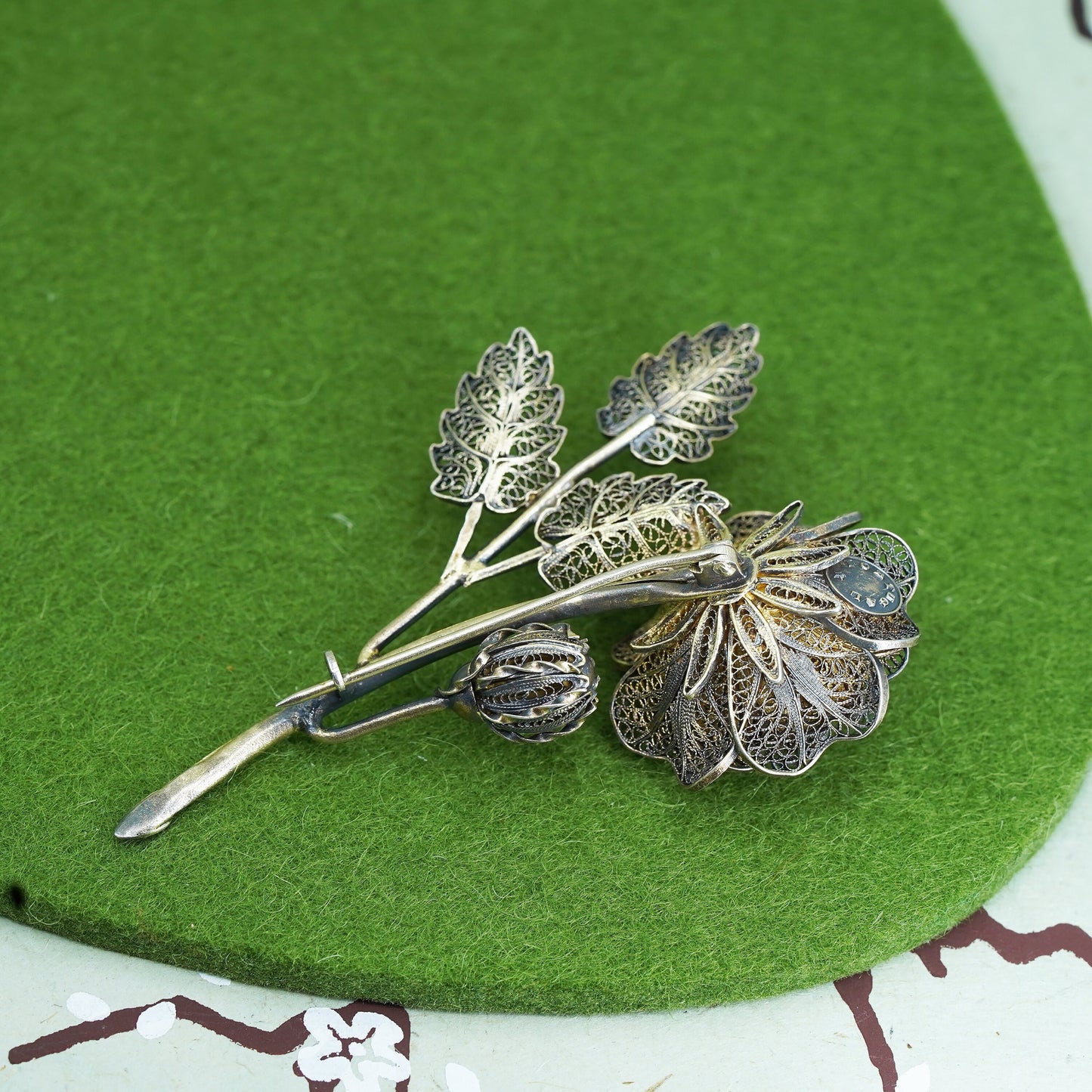1960s 925 Sterling Silver Gold Plated VTG Portugal Filigree Floral Pin Brooch,
