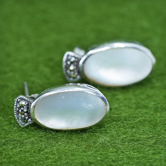Vintage sterling 925 silver earrings, studs with mother of pearl and marcasite