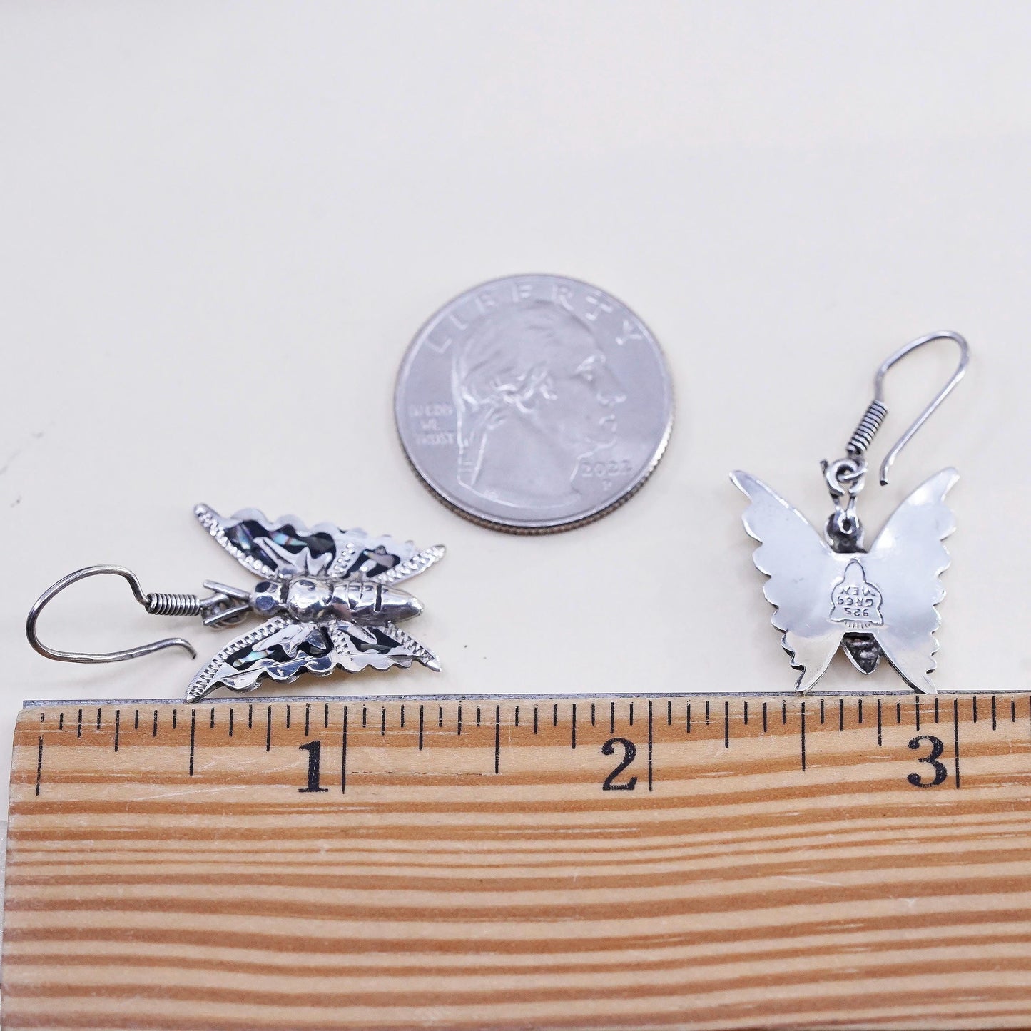 Vintage Mexican sterling silver handmade earrings, 925 butterfly with abalone