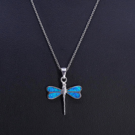 18", vintage Sterling 925 silver circle chain necklace opal dragonfly pendant