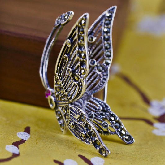 Art Deco southwestern sterling silver butterfly brooch movable wings marcasite
