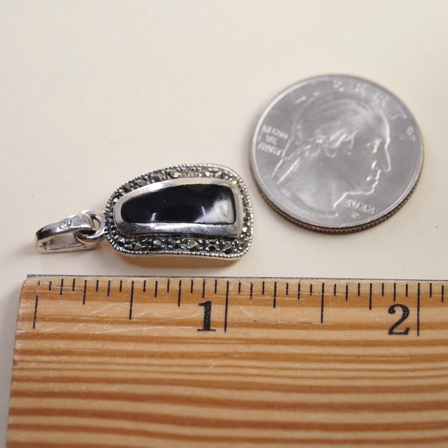 handmade sterling 925 silver pendant with black onyx inlay marcasite details