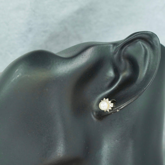 Vintage Sterling 925 silver handmade earrings, studs with pearl and cz