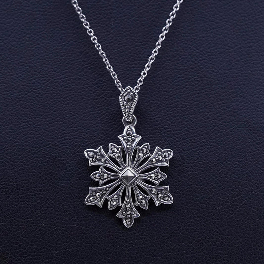 16”, Sterling 925 silver circle chain necklace with snowflake marcasite pendant