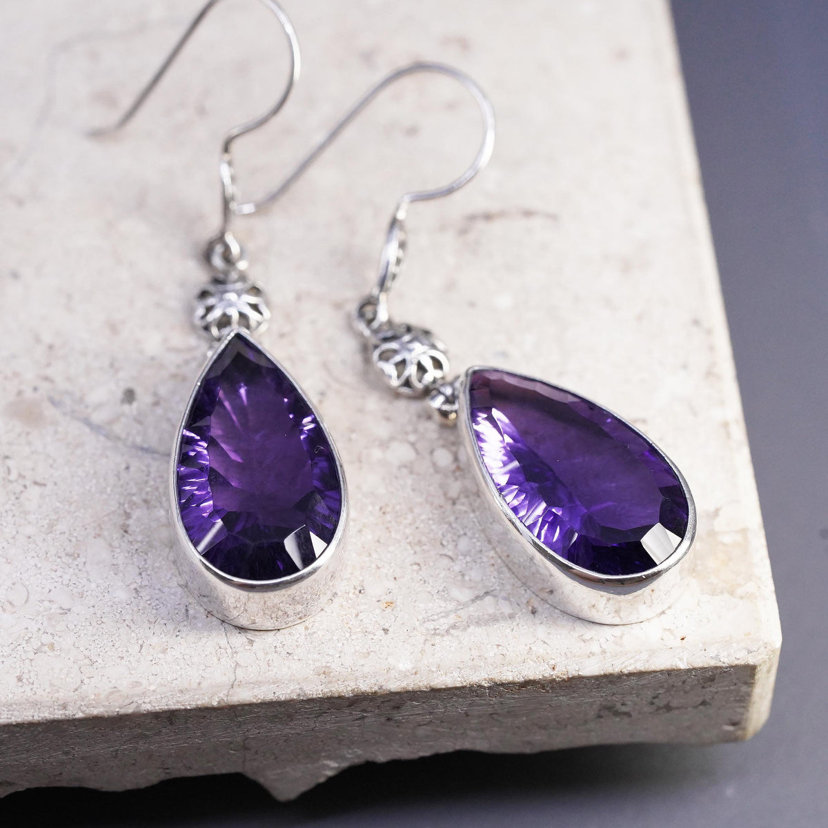 Vintage sterling 925 silver handmade teardrop earrings with amethyst