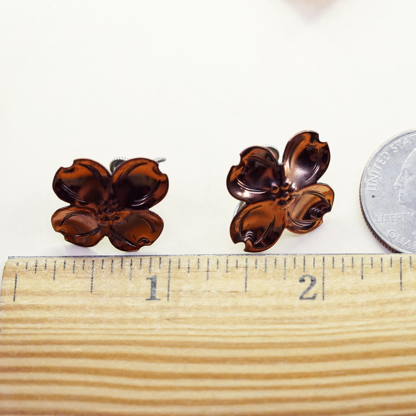 Vintage Sterling silver handmade earrings, 925 screw back copper dogwood flower