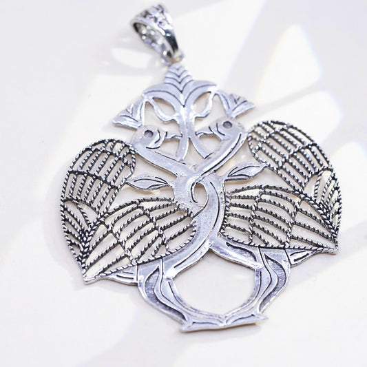 925 Sterling Silver Love Birds Tree of Life Pendant, Filigree Openwork Charm