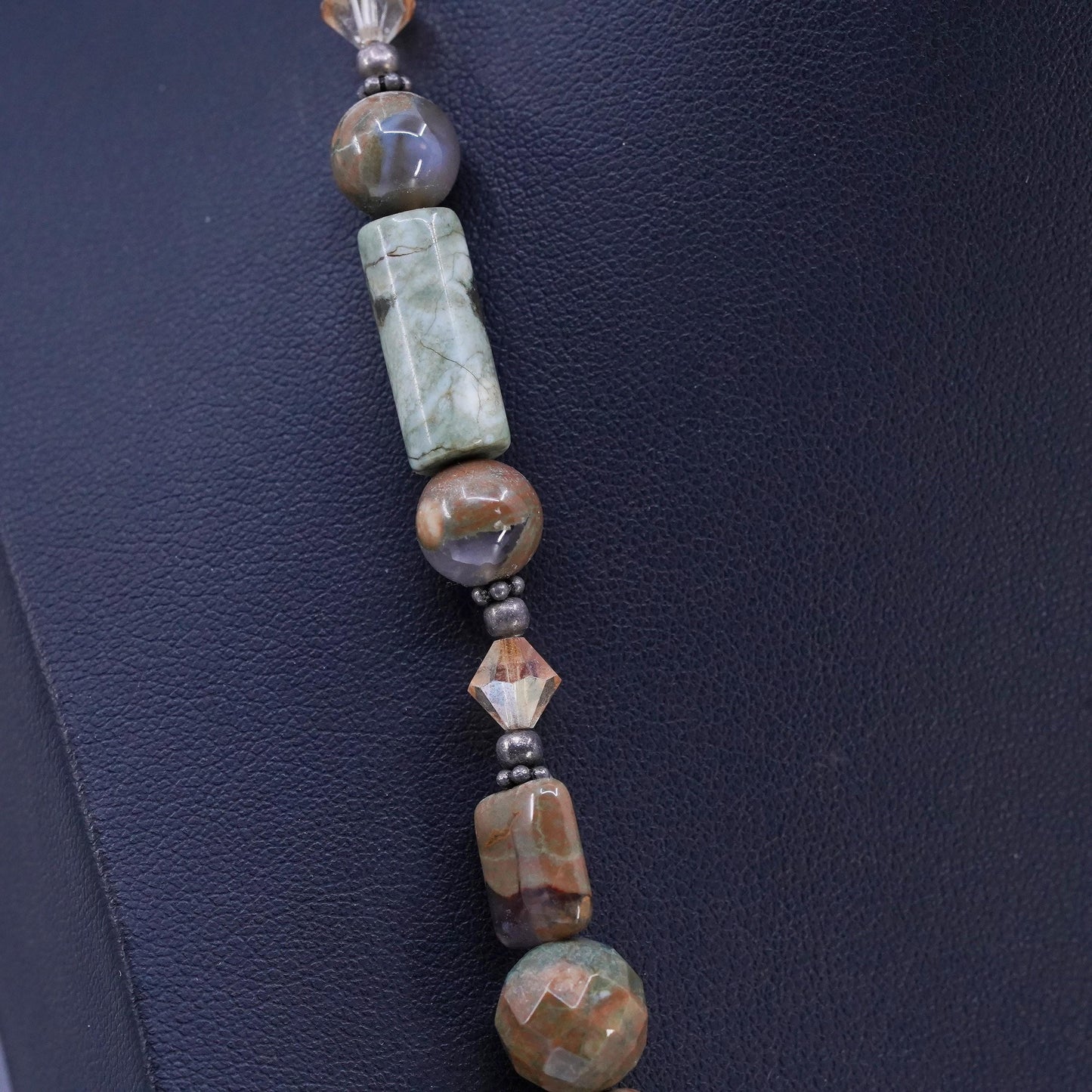 22” Sterling 925 Silver rainforest jasper beads necklace with teardrop pendant