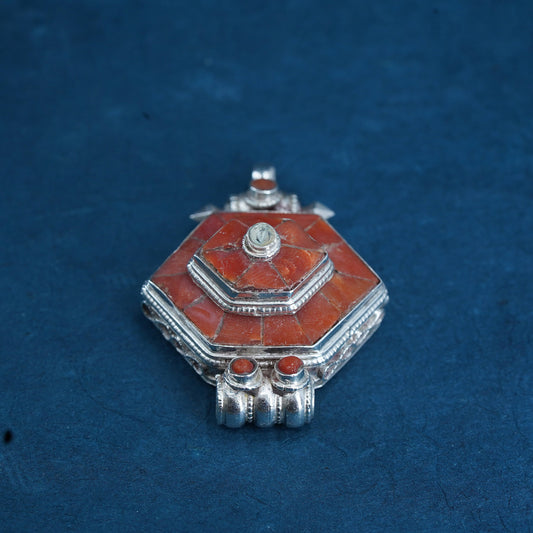 Vintage Native American Sterling 925 silver handmade pendant with coral inlay