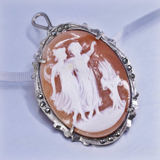 Vintage Sterling 925 silver handmade brooch pendant w/ agate carved cameo girl