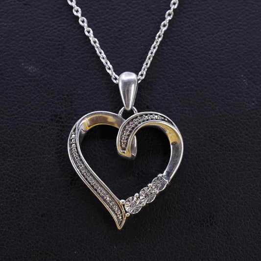 18”, Vintage sterling silver circle necklace 925 genuine diamonds heart pendant