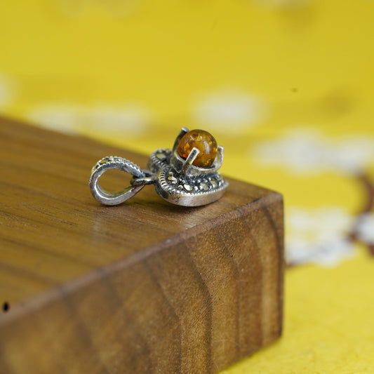Vintage Sterling 925 silver handmade heart pendant with Amber and marcasite, stamped 925