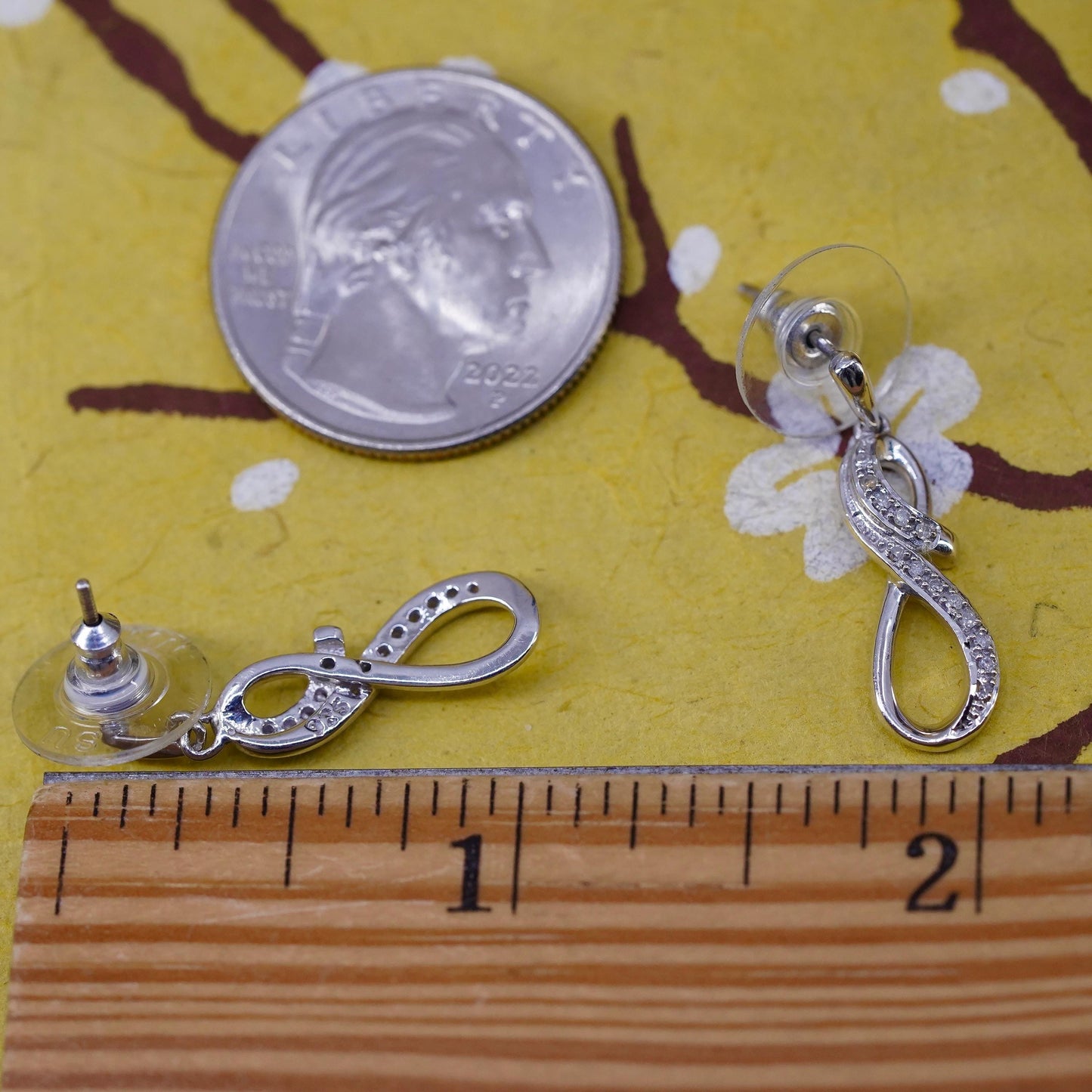 vintage Sterling silver earrings, 925 infinite loop with cluster diamonds