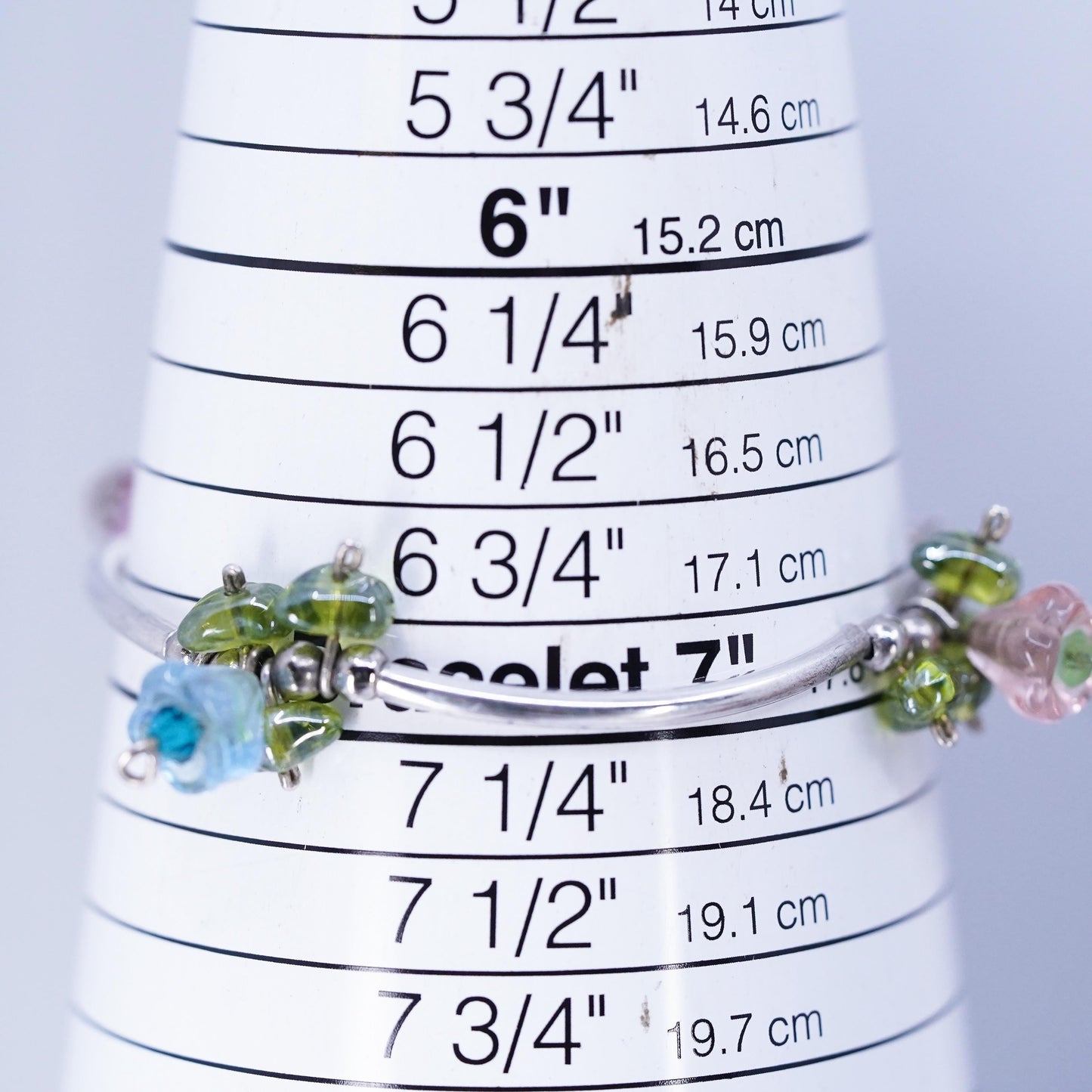 7", vintage Sterling 925 silver curvy tube bracelet with cluster peridot beads