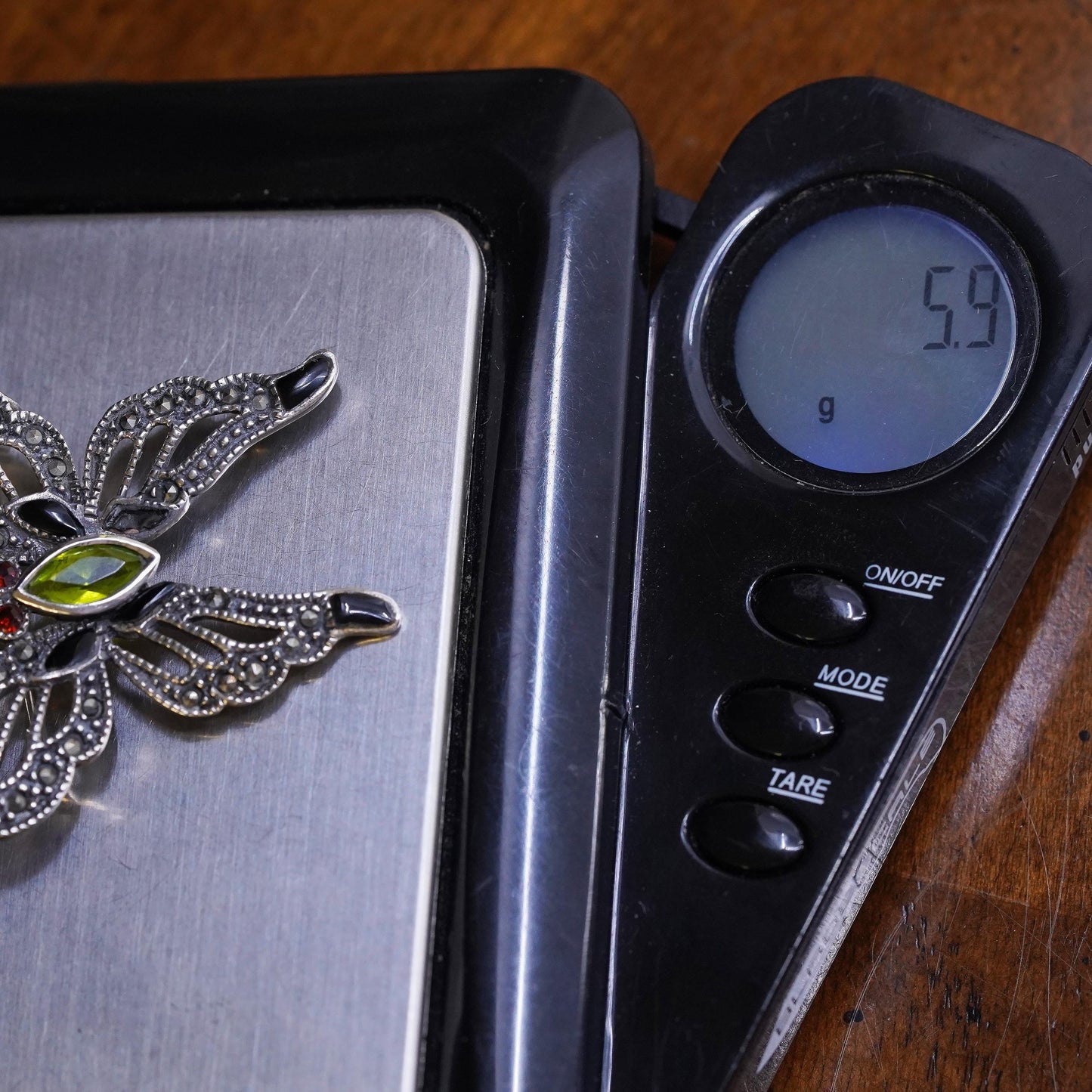 sterling silver brooch, 925 butterfly pin with peridot garnet and Marcasite