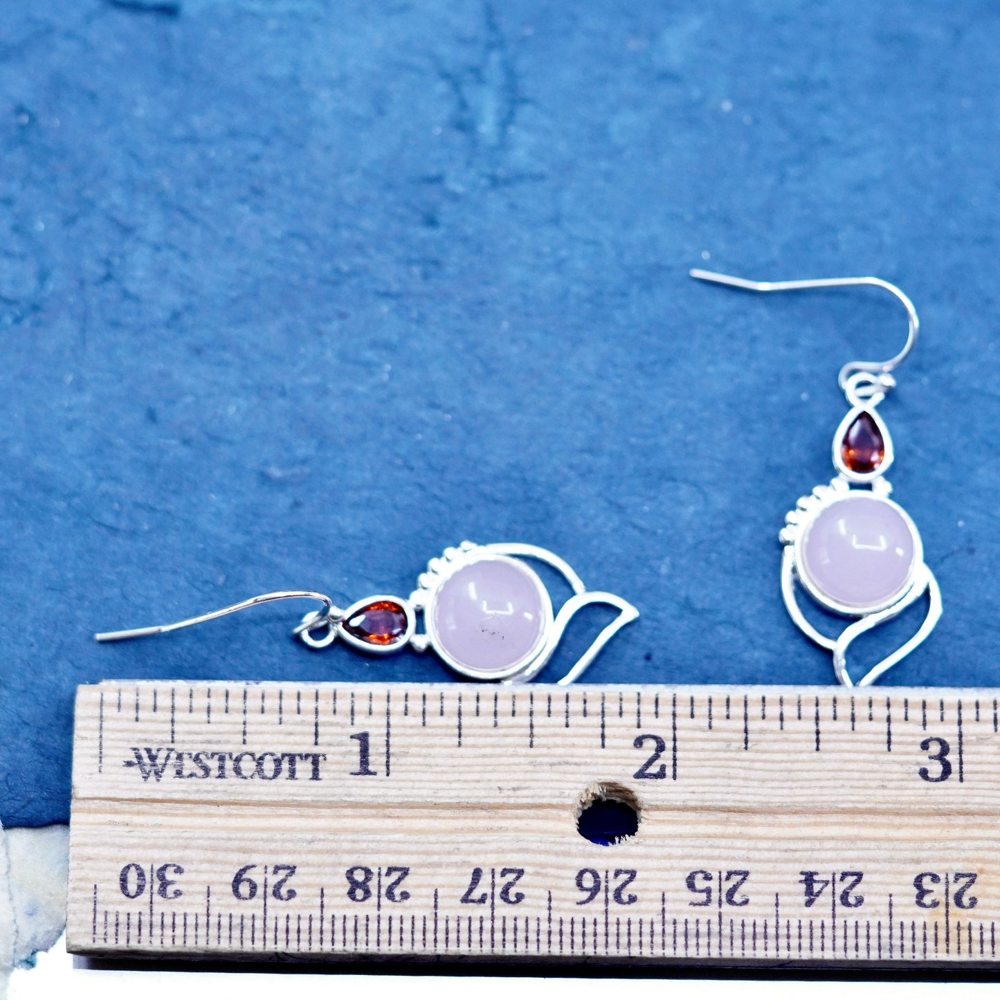 Vintage Sterling 925 silver handmade earrings with pink rose quartz and ruby