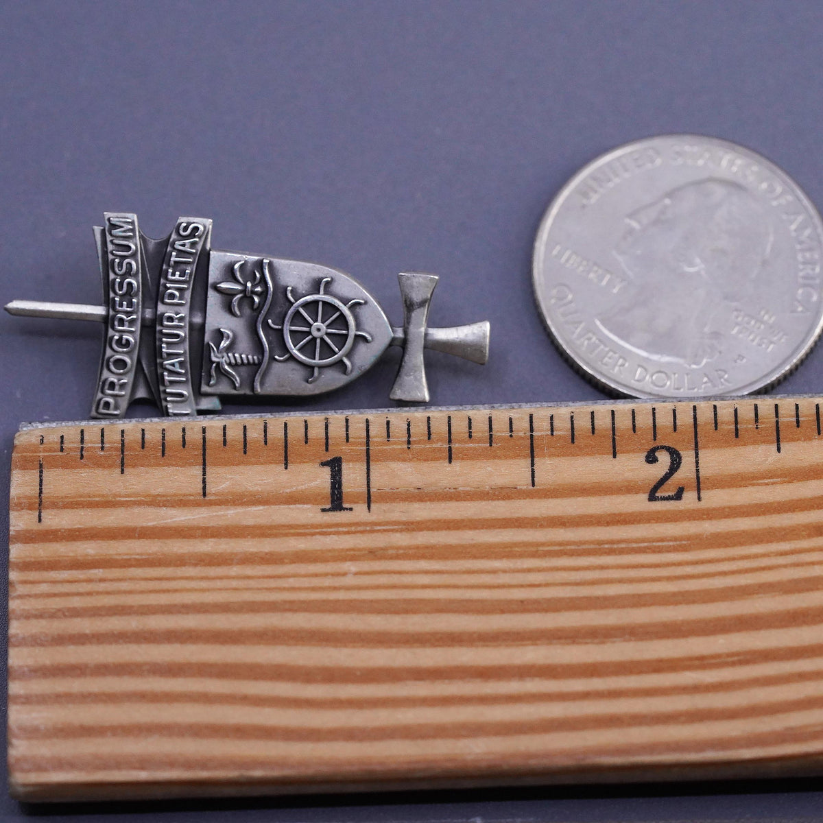 Sterling Silver Progressum Tutatur Pietas Brooch, Shield Fleur de Lis Ship Wheel