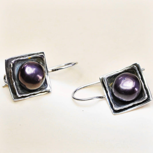 SILPADA RARE Sterling Silver 925 Black Iridescent Pearl Hammered Earrings W1194