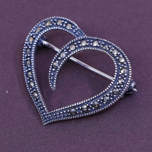 Vintage handmade sterling silver brooch, 925 silver heart with marcasite details, stamped 925, antique
