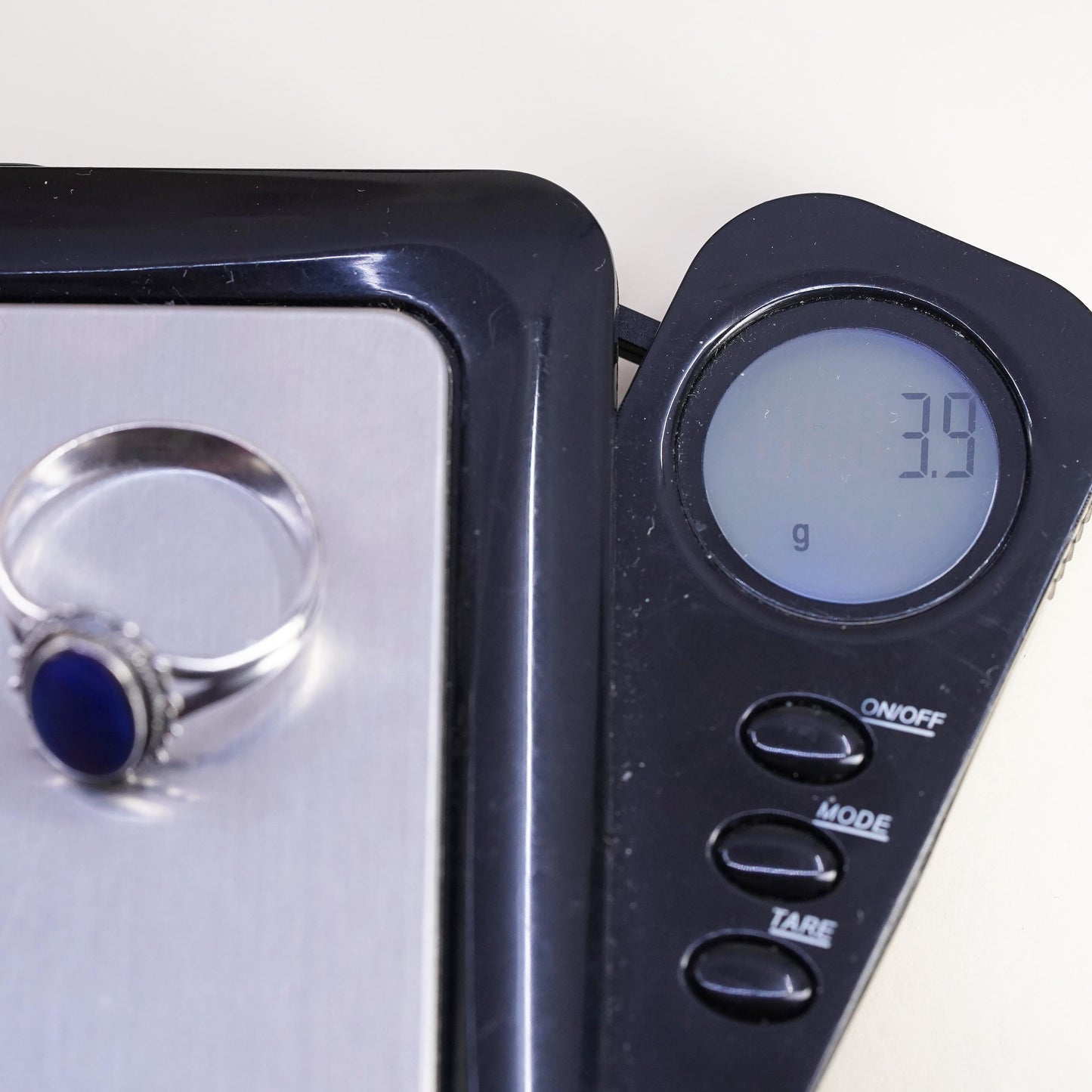 Size 9, vintage Boma 925 silver statement ring with oval Lapis lazuli and beads