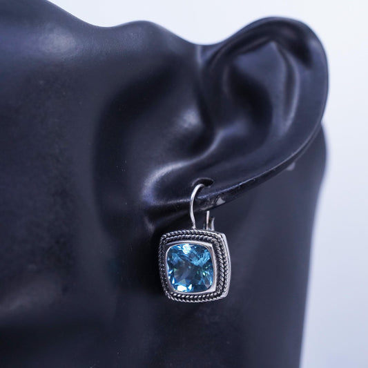 Vintage Sterling 925 silver handmade earrings with square blue topaz lever back