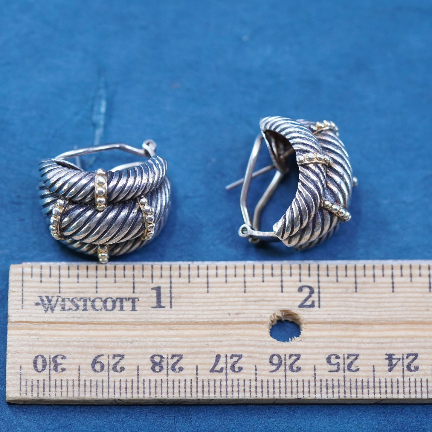Sterling silver Ribbed earrings, modern 925 silver cable studs with gold beads