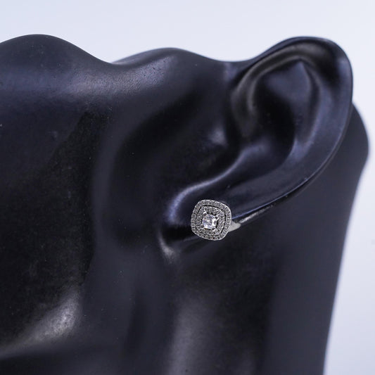 Vintage Sterling 925 silver handmade earrings, square studs with cluster Cz