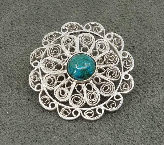 Vintage handmade sterling silver round shaped filigree floral brooch turquoise