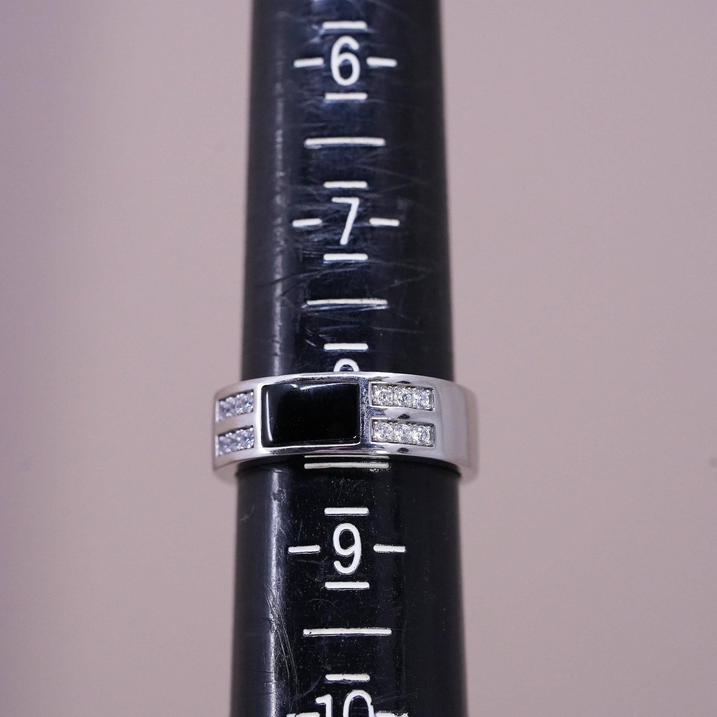 Size 8, 925 Sterling Silver Black Onyx Ring, Men’s CZ Band, Modernist Wide Ring