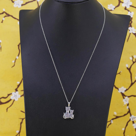18" Sterling silver necklace motherhood, 925 cluster cz cat mother baby, kitty