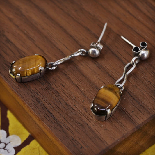 Vintage Sterling 925 silver handmade earrings with golden tiger eye beads