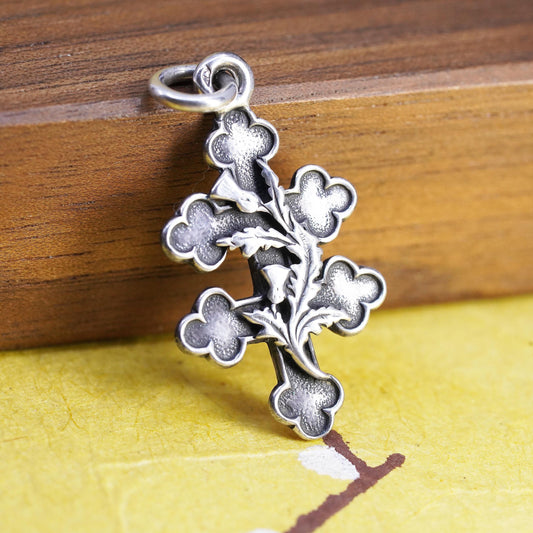 Vintage Sterling Silver 925 Thistle Cross Scottish Thistle Floral Charm Pendant