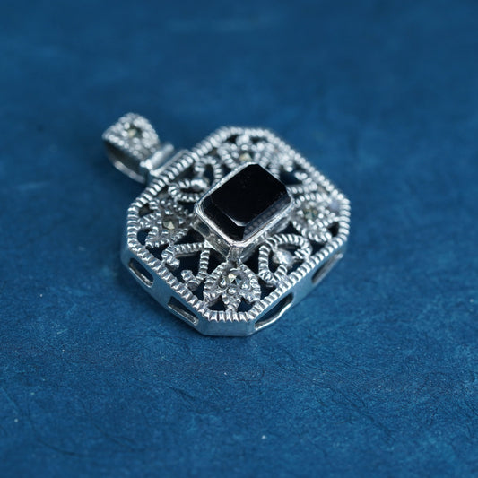 Vintage Sterling 925 silver handmade pendant with onyx and marcasite details