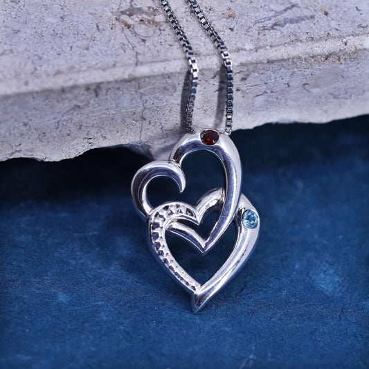 18", Sterling silver necklace, 925 box chain double ruby topaz heart pendant