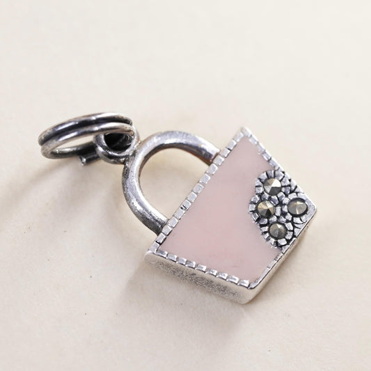 Vintage sterling silver handbag purse charm with marcasite pink enamel pendant